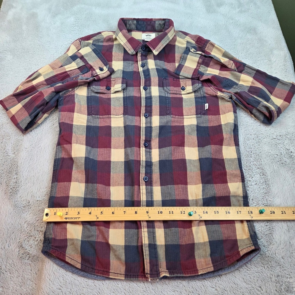 VTG Vans Cotton Plaid Flannel Button Down Shirt Mens M Long Sleeve Burgundy Navy